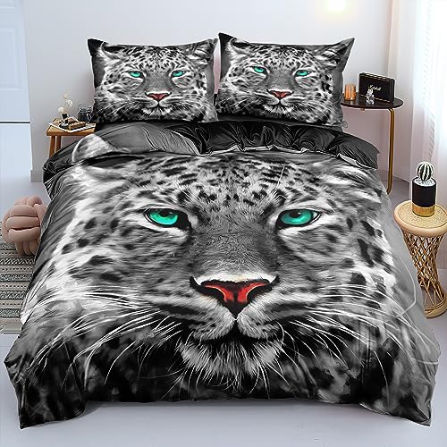 YASMENG Leoparden Bettwäsche 135x200 Leopard Tiermotiv Grau Türkis 3D Bettbezug Set Weich Mikrofaser Bettwäsche 2teilig für Geschenke Zimmer Deko mit Reißverschluss und 80x80 cm Kissenbezug