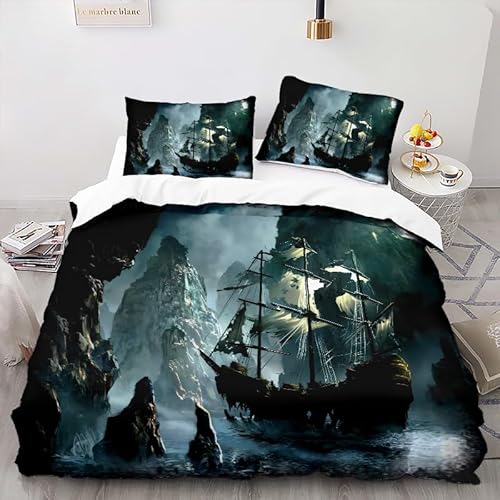 Zbeiba Piraten und Piratenschiffe Bettwäsche 135x200,Bettwäsche Sets,Mikrofaser Bettbezug + 2 Kissenbezug?135x200+2 * 50x75,Sti3?