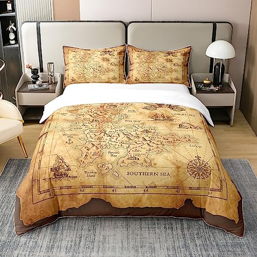 Nautische 100% Baumwolle Bettbezug,Vintage Karte Tröster Abdeckung Pirate Boot Segeln Quilt Cover,Schädel Kompass Bettwäsche Set Mann Kind Schlafzimmer Dekor 155x220,Braune Bettwäsche Sammlung