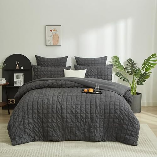 Gezu Seersucker Bettwäsche 200x200cm Grau Kariert Seersucker Sommer Atmungsaktiv Kühlende Uni Einfarbige Bettwäsche Set Mikrofaser Bettbezug 200x200cm und 2 Kissenbezüge 80x80cm mit Reißverschluss