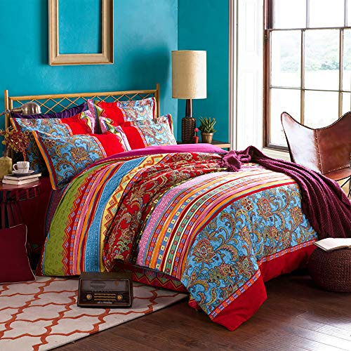 Lanqinglv Bohemian Bettwäsche 135x200 cm 4 Teilig Rot Blau Boho Mandala Böhmisch Wendebettwäsche Set Bunt Vintage Bettbezüge mit Reißverschluss und Kissenbezug 80x80cm (QCHX,4TLG)