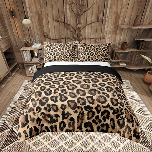 Loussiesd Leopard 100% Baumwolle Bettwäsche Set 135x200cm Gepard Bettbezug Tier Druck Safari Betten Tier Pelz für Kinder Jungen Mädchen Braun Bettwäsche-Set Atmungsaktiv Weich