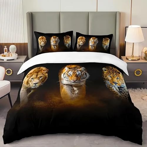 EXSANLIEAY Tiger Bettwäsche-Sets 135x200 cm LöWe Und Leopard Bettbezug Kreatives 3D Effekt Weich Microfaser Deckenbezug mit Reißverschluss und 2 Kissenbezug 80x80 cm