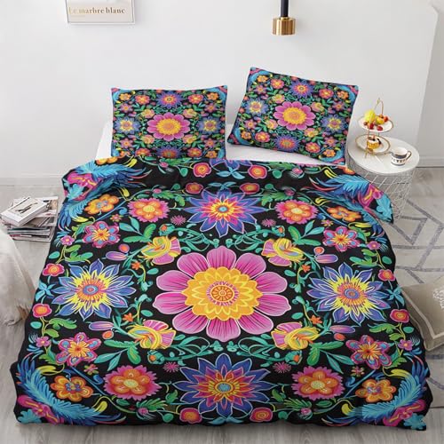 Bettwäsche 140x200 Mexikanisches Blümchen Motiv - Ethnische Blume Bettbezug und 1 Kissenbezug 70x90, Weiche Bügelfreie Mikrofaser Deckenbezug 2er Set mit Reißverschluss, Wendebettwäsche & Deko M&-4333