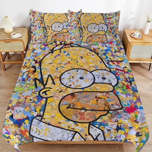 YINGD The Simpsons Bettwäsche-Set, Mikrofaser, 3D-Druck, leicht, 3-teiliges Bettdecken-Set für Kinder, Jungen, Mädchen