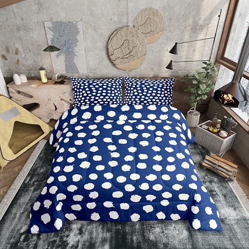 Erosebridal Bettwäsche-Set mit Retro-Punkten, für Doppelbett, gepunktet, Boho-Bettwäsche-Set für Kinder, Jungen, Mädchen, Pinselstrich, Marineblau, Weiß, Steppdecke für alle Jahreszeiten