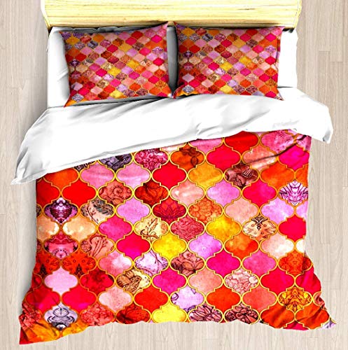 SUNTIG Set,Pink,, Mandarine & Taupe dekorative marokkanische Fliesen Muster1 Bettbezug:135 * 200cm+ 2 Kopfkissenbezug 50x80cm