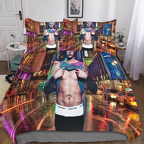YINGD Justin-Bieber 3D-Bettwäsche-Set aus Mikrofaser, mit Reißverschluss, für Mädchen, Jungen und Teenager, und 3-teiliger Kissenbezug 200 x 200 cm