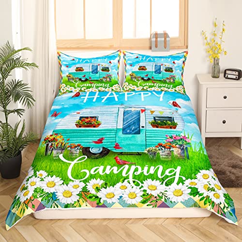Happy Camping Bettwäsche Camper Auto Bettbezug für Kinder Jungen Mädchen 135 x 200 rustikale Gänseblümchen Blumen Schmetterlings Tröster Abdeckung Cartoon Aquarell Blau Himmel Grün Gras Tagesdecke