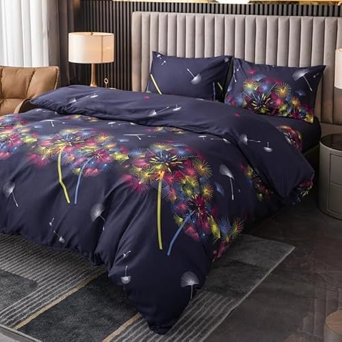 TMMDH Bettwäsche 135x200 cm 3teilig Set, Dunkelblau Bunte Pusteblume Mikrofaser Bettbezug Set Bügelfrei & Knitterfrei mit Reißverschluss und 2 Kissenbezug 80x80 cm