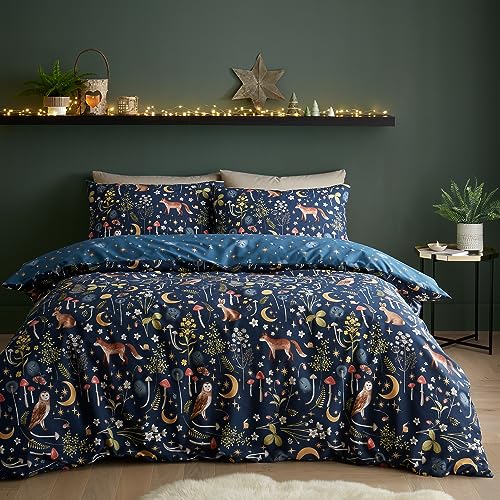Catherine Lansfield Enchanted Twilight Animals Wende-Bettwäsche-Set für Doppelbett mit Kissenbezügen, Marineblau