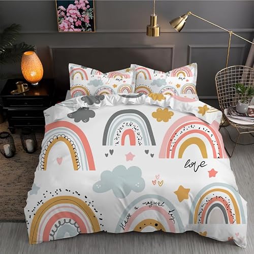 BettwäSche 155x220 Wolken Kleiner Regenbogen 3D Bettbezug Weiche und Angenehme Mikrofaser BettwäSche-Sets mit Reißverschluss Schließung + 2 kissenbezug 80 X 80 cm