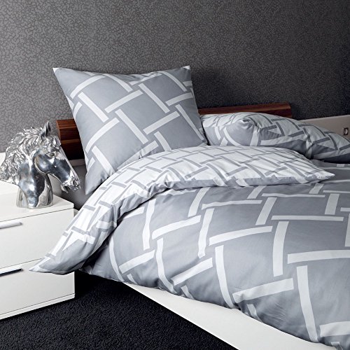Janine Bettwäsche J.D. 8480 08 Silber Weiß Grau Streifen Strichmuster Wendeoptik Mako Satin, Größe:155 cm x 220 cm