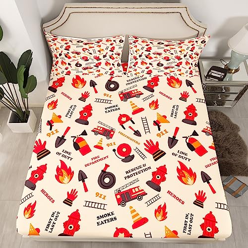 Feuerwehrwagen-Spannbettt uch, Kinder, Cartoon-Feuerwehr-Druck, Bettwäsche-Set, 2-teilig, Jungen, Teenager, Schlafzimmer, Dekoration, Feuerwehrleute, Feuerwehrausrüstung, Fahrzeuge, Bettlaken, modern,