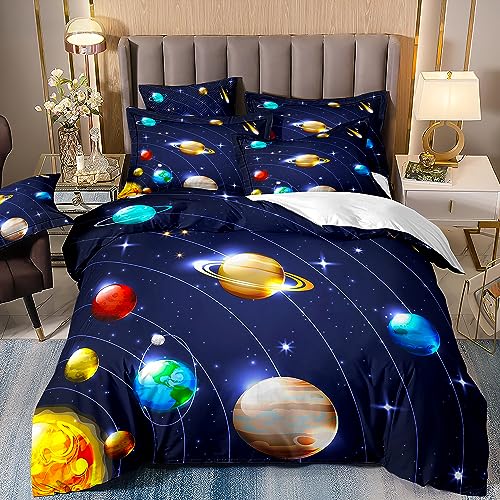Freyamy Weltall Bettwäsche 135x200cm 2teilig Blau Bunt Erde Jupiter Mond Satellit Kinderbettwäsche Weltraum Jungen Kinder Bettwäsche Microfaser Bettbezug mit Reißverschluss und Kissenbezug 80x80cm