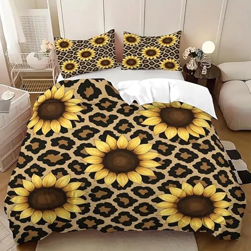 YZQGLHP Bettbezüge 135x200 Sonnenblume, Bettwaesche Leopard, Bettbezug Mikrofaser 3teilig, Bettwäsche Weich Atmungsaktiv und 2 Kissenbezüge 80x80 cm, mit Reißverschluss