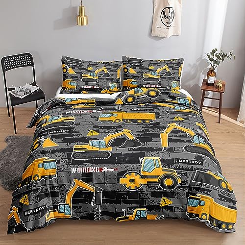 HOSIMA Bettwäsche-Set für LKW-Konstruktion, Drehmaschine, für Erwachsene, Jungen und Mädchen, Cartoon-LKW-Konstruktion, Bettbezug mit 3 Kissenbezügen (LKW-Konstruktion3 S)