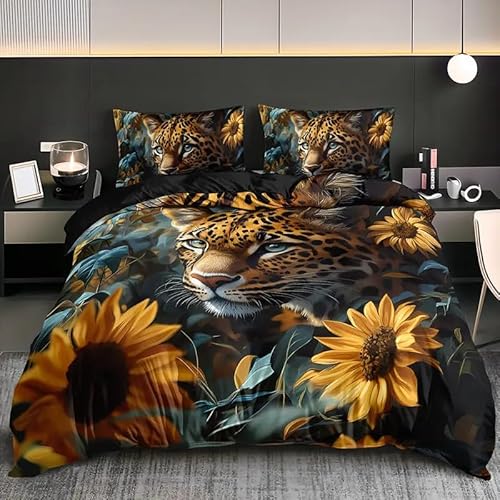 YZQGLHP Bettbezüge 135x200 Leopard, Bettwaesche Sonnenblume, Bettbezug Mikrofaser 3teilig, Bettwäsche Weich Atmungsaktiv und 2 Kissenbezüge 80x80 cm, mit Reißverschluss