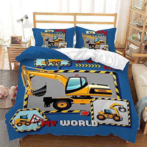 LAHAWX Kinder Bettwäsche Set Baufahrzeuge LKW Baustelle Doppel Bettdecke Abdeckung Autos passen zu Junior Kleinkind Polyester (Farbe 3,135 * 200cm)
