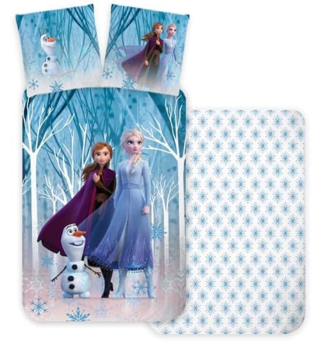 Bettwäsche Eiskönigin Wald, 100 % Baumwolle, wendbarer Bettbezug 140 x 200 cm + Kissenbezug 65 x 65 cm, Frozen, mit Elsa, Anna und Olaf