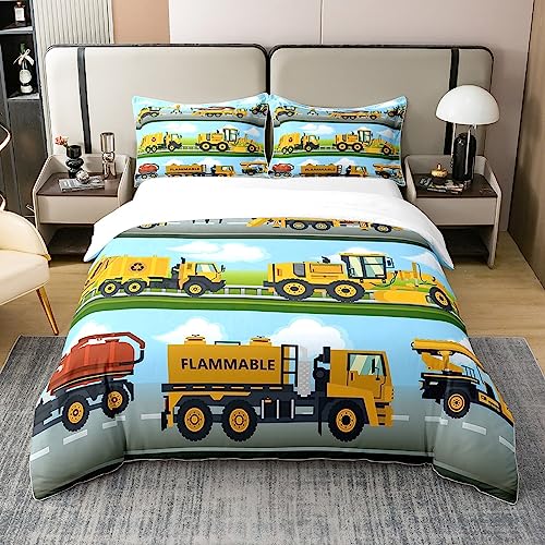 Loussiesd Cartoon Autos Bettwäsche BAU Bagger 100% Baumwolle Bettwäsche Set 135x200cm für Kinder Fahrzeuge LKW Auto Bunte Raum Dekor Gelbe Maschinen Bulldozer Kran Bettwäsche