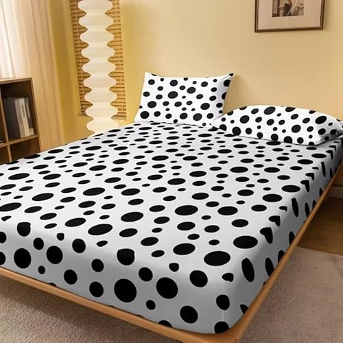 Spannbettlaken-Set für Doppelbett,Schwarze Punkte Moderne Geometrie Tiefe Tasche 30cm,Weiche Mikrofaser,3-teiliges Bettwäsche-Set mit 2 Kissenbezügen, hypoallergen, 135 x 190 cm qq25