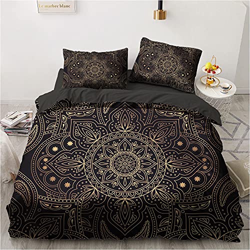 Luowei Boho Bettwäsche Set 200x220cm Schwarz Gold Indisch Böhmisches Mandala Exotisch Bettbezug und 2 Kopfkissenbezüge 80 x 80cm mit Reißverschluss