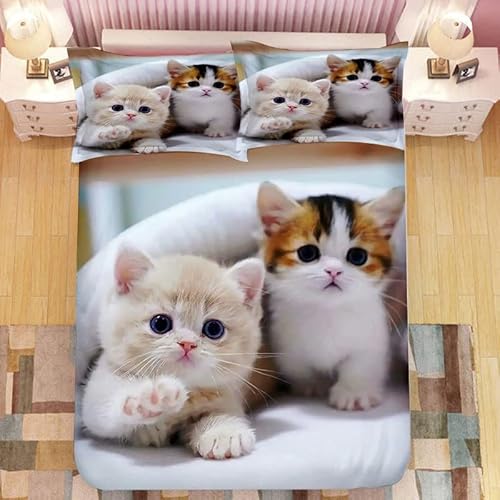 CTQTZ Katzen Bettwäsche-Set für Kinder 135x200cm Niedliche Katze Muster Kinder bettwäsche Bettbezug und Kissenbezug 80x80cm 3D Haustier Katze Bettbezug mit 2 Kissenbezug