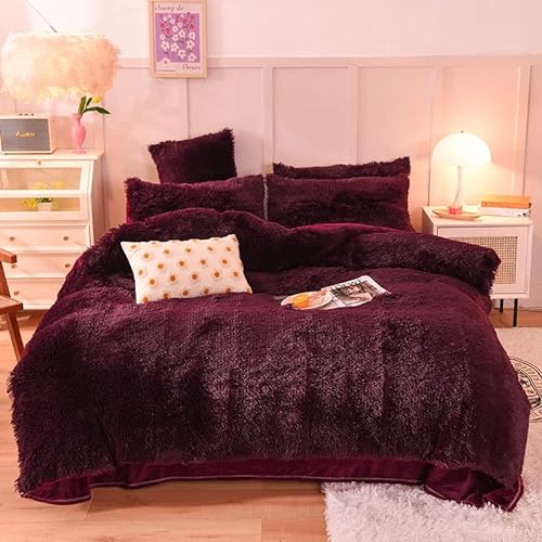 eBoutik - Dickes, flauschiges Teddy-Plüsch-Fleece-Bett bezug-Set für Doppelbetten mit Kissenbezug, umgekehrter Langflor, Thermo-Winter-Bettwäsche (Weinrot)