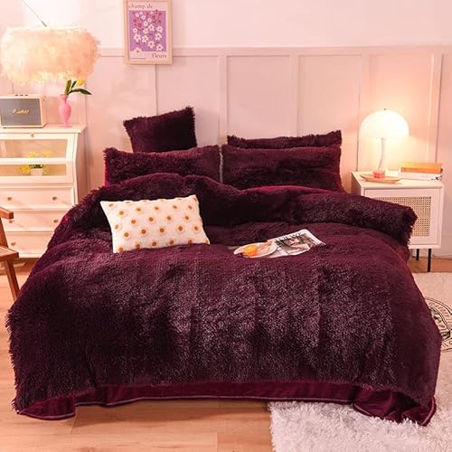 eBoutik - Dickes, flauschiges Teddy-Plüsch-Fleece-Bett bezug-Set, Bettdecke, Bettwaren & Bettwäsche für Doppelbetten mit Kissenbezug, umgekehrter Langflor, Thermo-Winter-Bettwäsche (Weinrot) eBoutik - Dickes, flauschiges Teddy-Plüsch-Fleece-Bett bezug-Set, Bettdecke, Bettwaren & Bettwäsche für Doppelbetten mit Kissenbezug, umgekehrter Langflor, Thermo-Winter-Bettwäsche (Weinrot)