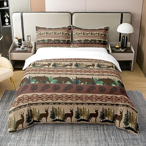 Western Boho 100% Baumwolle Bettbezug Double, Jagd Bär Elch Bettdecke, Southwestern Native Aztec Bettwäsche Set für Cowboys Cowgirls, Boho Farmhouse Wildlife Quilt Cover, Braun