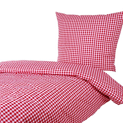 Hans-Textil-Shop Seersucker Bettwäsche Karo 5x5 mm - Baumwolle, Bettbezug, Bügelfrei, Sommerbettwäsche, Landhaus (Rot, 155x220 80x80 cm)