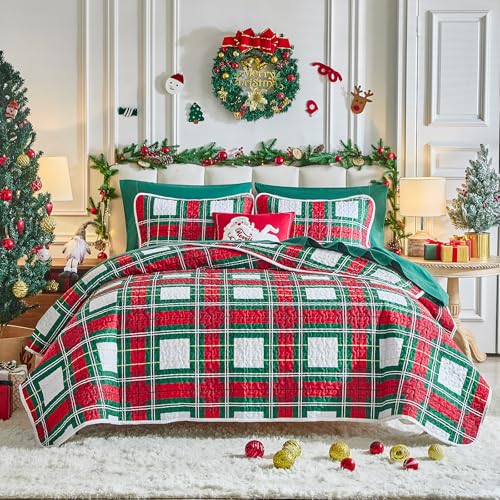 Flysheep Weihnachts-Bettwäsche-Se t, 3-teilig, Queen-Size-Bett, rot, grün, weiß, kariert, wendbar, weiche Mikrofaser, leichter Bettbezug für alle Jahreszeiten (228,6 x 228,6 cm, 1 Steppdecke + 2