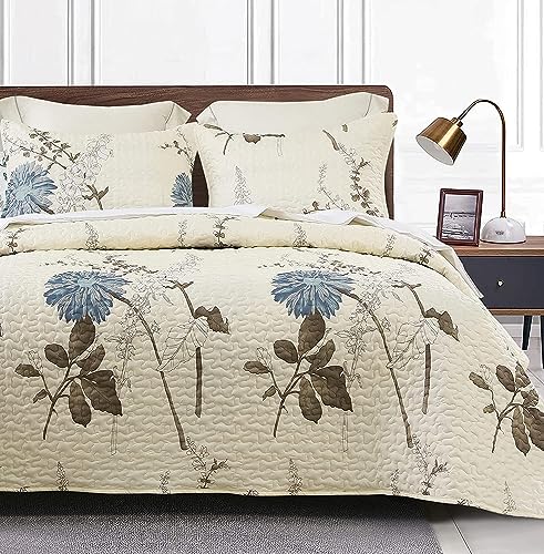 DURLENGEN Bettwäsche-Set mit Blumenmuster, Doppelbettgröße, 2-teilig, graue und blaue Blumen und braunes botanisches Muster, gedruckt auf Beige, für alle Jahreszeiten, leichte Bettbezug-Sets