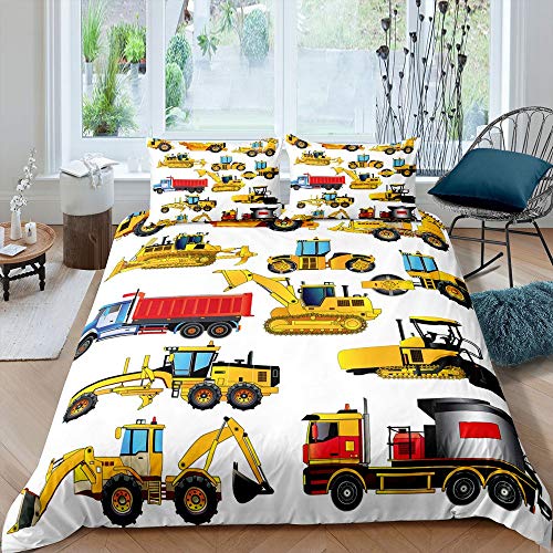 Homewish Teens im BAU Bettbezug Cartoon Bagger Bettwäsche-Set für Kinder Jungen Road Roller Van Ausrüstung Tröster Abdeckung Transporter Fahrzeug Bettwäsche 2Pcs 135×200Child Room Decor