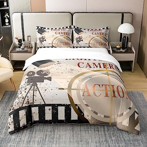 Loussiesd Film Thema 100% Baumwolle Bettwäsche Set 220x240cm Zeremonie Foto Fotografie Bettwäsche für Kinder Jungen Kino Szenen Atmungsaktive Vintage Bettwäsche Raum Dekor Reißverschluss