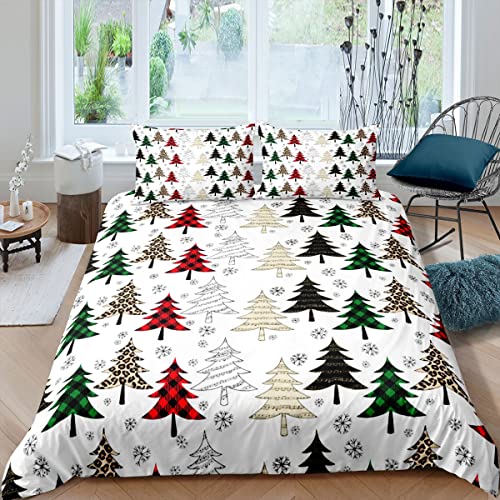 Weihnachtsbaum Bettbezug 135x200,Weihnachtsurlaub Bettwäsche Set für Kinder Jungen Mädchen,Rot Grün Karierter Leopard Weihnachten Kiefer Bettbezug,Weiß Schneeflocke Dekor Bettbezug 1 Kissenbezug