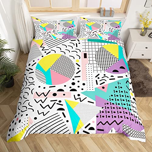 Memphis Bettbezug Hipster Retro Bettwäsche Set, 80Er und 90Er Hip Hop Funky Tröster Abdeckung Bunte Pop Art Inspiriert Muster 135x200 Bett, Aquarell Memphis Geometrische 80Er Jahre Schlafzimmer Dekor