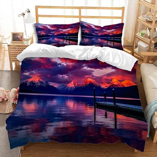 Berge und Seen Bettwäsche 155x220 Sonnenuntergangs-Violett- Dunst Bettwäsche-Sets für Kinder Jungen Bettbezug Set 3D Druck Bettbezüge Weiche Mikrofaser mit Reißveschluss und 2 Kissenbezüge L.2558