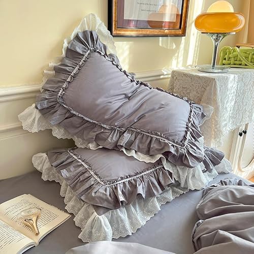Shabby-Chic-Kissenbezüge mit Spitzen-Rüschen, 50,8 x 76,2 cm, Vintage-Baumwoll-Kissenbe züge, luxuriös, elegante Bettwäsche, Hotelverschluss, französischer Landhausstil, 2 Stück, Weiß (Grau, 1 Stück)