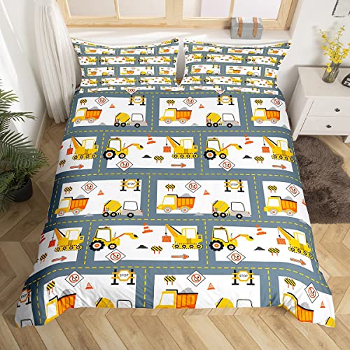 Homewish Cartoon Traktor Bettbezug 135x200 für Jungen Mädchen Kawaii LKW Bettwäsche Set Kleinkind, Auto Thema Tröster Abdeckung Grau Baustelle Bett Set, Bagger Bulldozer Bettwäsche (Reißverschluss)