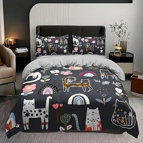 YZQGLHP Bettbezüge 135x200 BlüMchen Bettwaesche Katze Bettbezug Mikrofaser 3teilig Bettwäsche Weich Atmungsaktiv und 2 Kissenbezüge 80x80 cm mit Reißverschluss