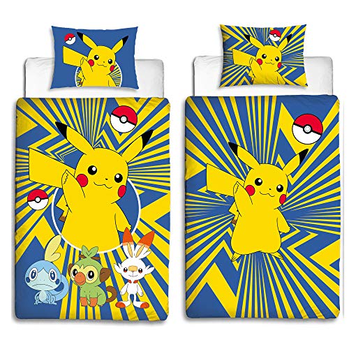 BERONAGE Linon Kinder Wende-Bettwäsche Pokémon Motiv Go Pikatchu Neu & Ovp Renforcé - 135 x 200cm + 80 x 80cm 100% Baumwolle Pokemon Kinderbettwäsche deutsche Standardgröße 2 Vollmotive RV