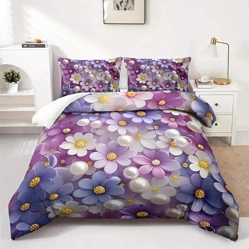 EXSANLIEAY Blaue Und Violette Blumen Bettwäsche-Sets 135x200 cm Perlen Bettbezug Kreatives 3D Effekt Weich Microfaser Deckenbezug mit Reißverschluss und 2 Kissenbezug 80x80 cm