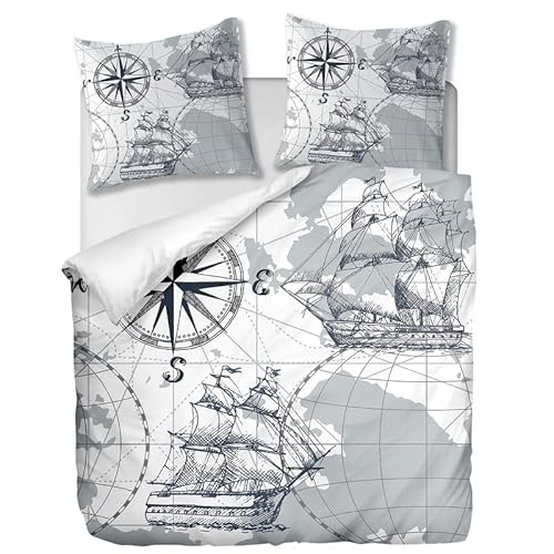 LEOPED Bettwäsche 135x200 Vintage Segelboot Kompass Bettbezug Set 2 Teilig Schiffe Piraten Microfaser Weich Bettbezüge + 1 Kissenbezug 80x80 cm, mit Reißverschluss D1113
