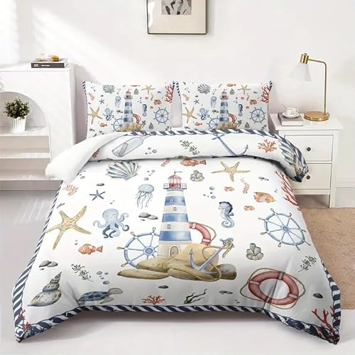 EXSANLIEAY Meeresmotiv Bettwäsche-Sets 155x220 cm Leuchtturm Bettbezug Kreatives 3D Effekt Weich Microfaser Deckenbezug mit Reißverschluss und 2 Kissenbezug 80x80 cm