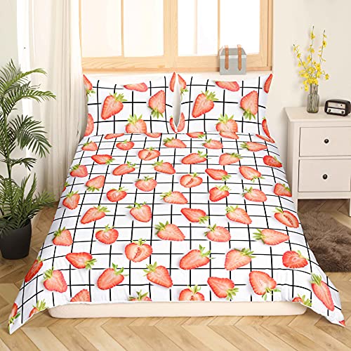 Loussiesd Kawaii Erdbeere Bettwäsche Set 135x200cm rot Erdbeere Dekor Betten Set für Kleinkind Mädchen Kinder Damen Bettbezug Set Niedlich Schwarz Weiß Gitter Modern Geometrisch Kariert 2St Weich
