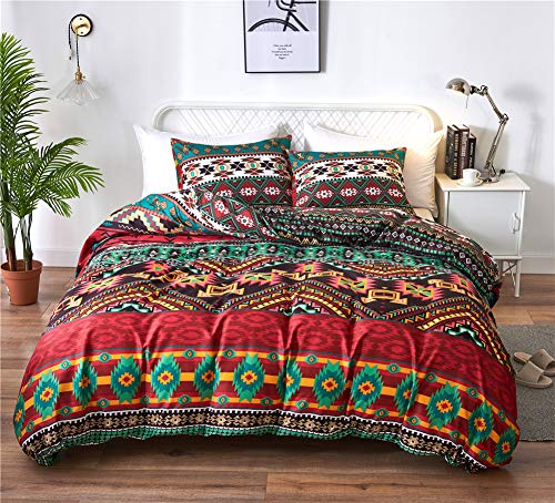 Nyescasa Bettwäsche Boho 135x200 cm Indisch Rot Gelb Grün Bohemian Bettbezüge Premium Qualität Mikrofaser Bunt Geometrisches Muster Bettwäsche Set mit 2 Kissenbezüge 80x80 cm Reißverschluss