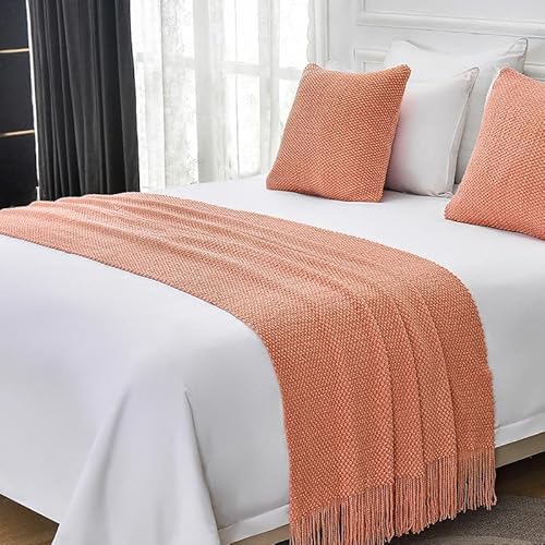 JANMEYO BettläUfer& Schal Tagesdecken Gestrickte, Einfarbige Bettwäsche Luxuriöse Bettende-Dekorstreifen Für Hotels Moderne, Bequeme Sofatücher, Bettdecke Bettschals-Pink||Pillowca se*1 45X45cm