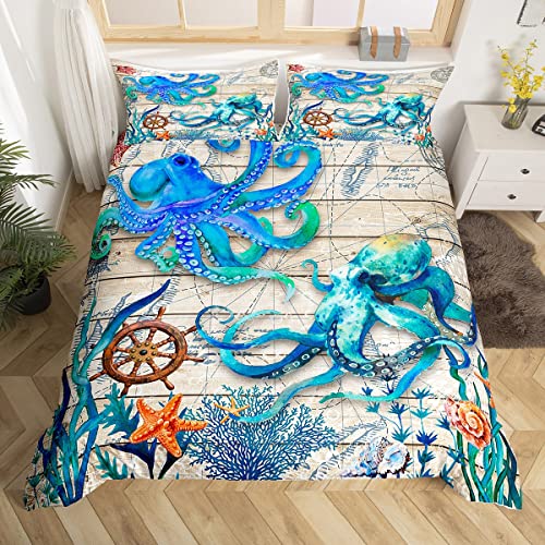 richhome Cartoon Octopus Kinder Bettbezug Set 135x200,Seesterne Korallen Ozean Tiere Bettwäsche Set, Weltkarte Kompass Rad Nautische Tröster Abdeckung, Retro Quilt Cover, 1 Kissenbezug